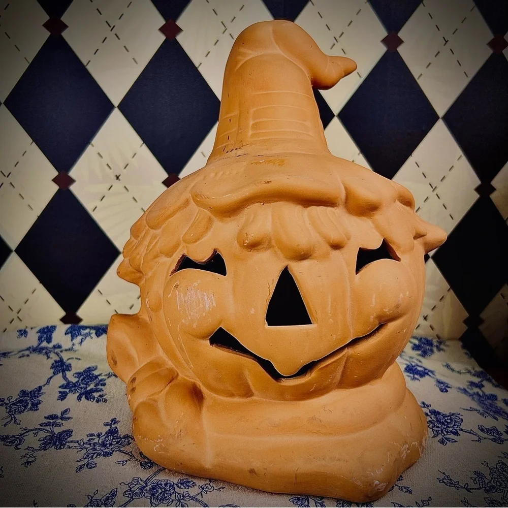 Large Terracotta‎ Jack O Lantern Scarecrow Pumpkin Candle Holder Witch Hat